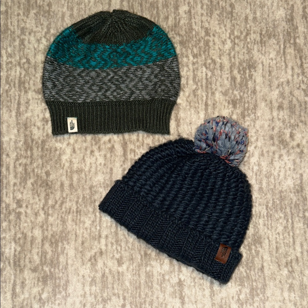 Two North Face Knit Beanie Set - Teal and Navy